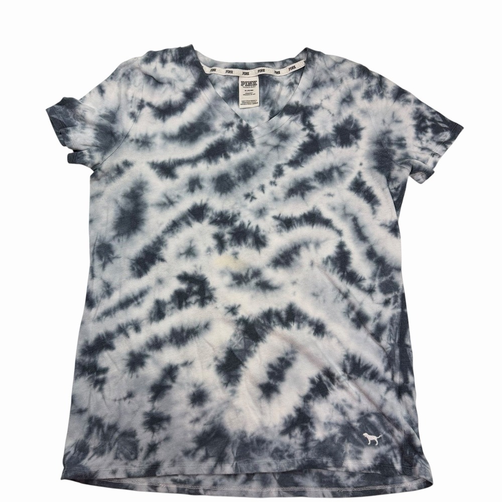 Victoria's Secret PINK Tie Dye Blue And White Tee Embroidered Dog Logo Medium